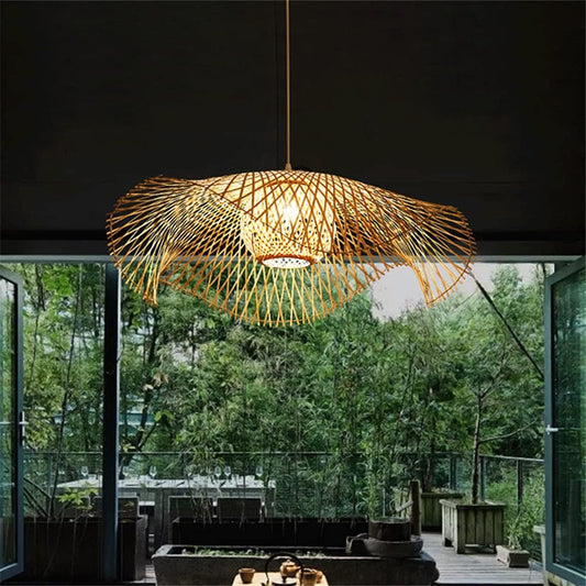 Creative Pendant Light Fixtures Bohemian Bamboo Shade in Beige Unique Industrial Ceiling Lighting Modern Hand Woven Ceiling Light Fixture Decor for Dining Living Room Restaurant