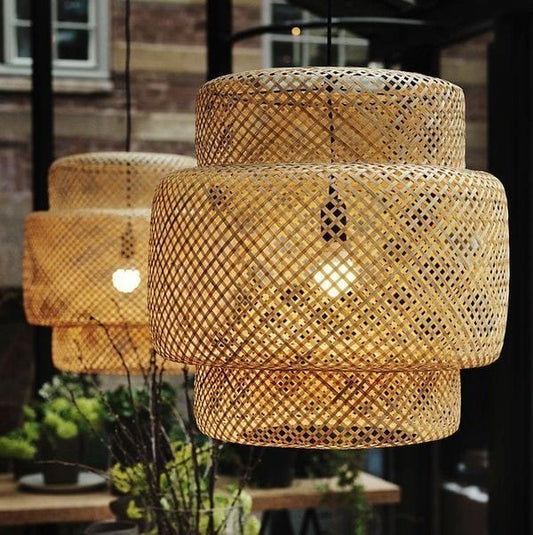 Mid-Century Round Rattan Chandelier Farmhouse,Bamboo Woven Pendant Lamp,Wicker Hanging Lamps for Living Room Restaurant